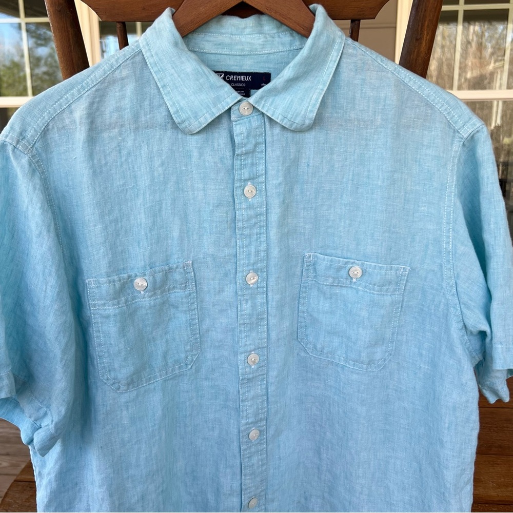 Cremieux 100% Linen Classics Shirt Men’s Short Sleeve Button Up Light Blue Large - Picture 2 of 13